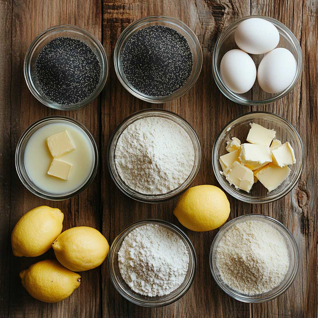 Sourdough Discard Lemon Poppy Seed Muffins 9 Sourdough lemon muffin ingredients including sourdough discard and poppy seeds